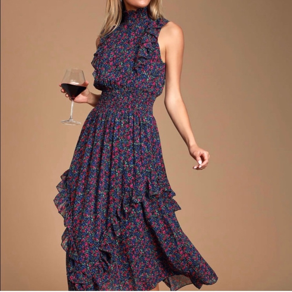 NWOT Lulu’s Evalina Navy Blue Floral Print Mock Neck Midi Dress